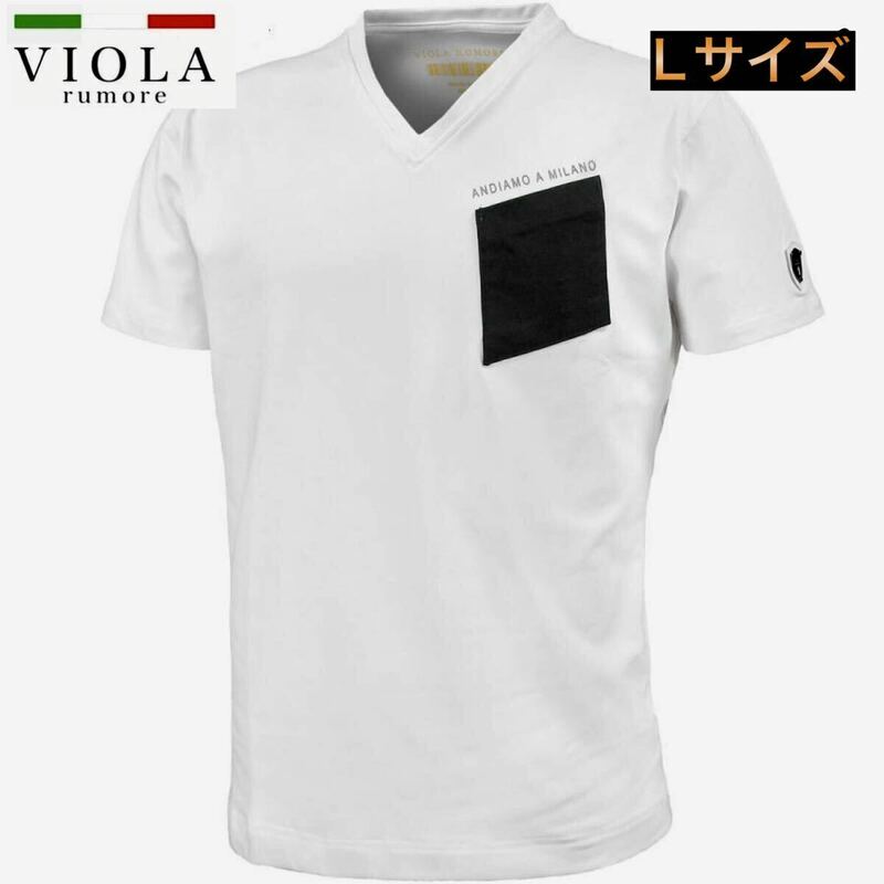 ヴィオラ プリントTシャツ 半袖 Vネック ホワイト Lサイズ 布帛ポケット付きTシャツ ストレッチ VIOLA rumore（ヴィオラルモーレ）