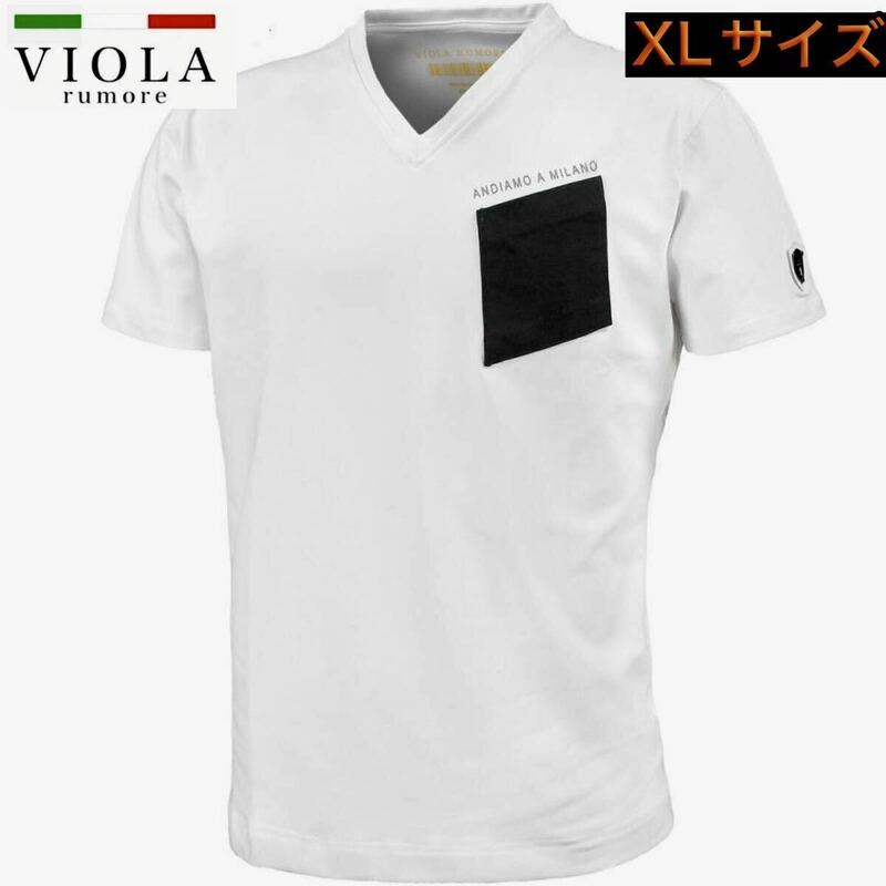 ヴィオラ プリントTシャツ 半袖 Vネック ホワイト XLサイズ 布帛ポケット付きTシャツ ストレッチ VIOLA rumore（ヴィオラルモーレ）