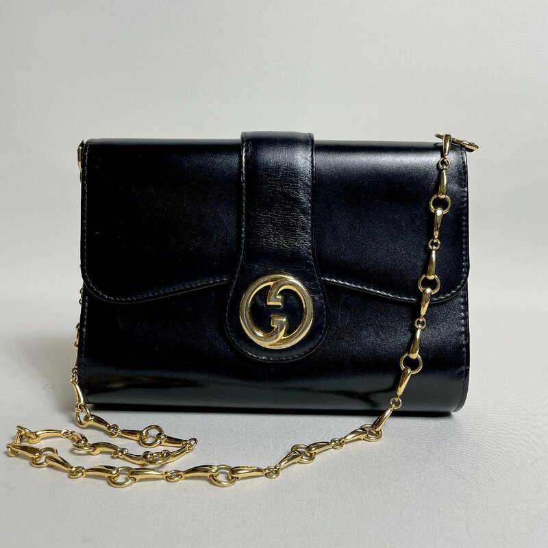 ◆1円~｜2406-105｜GUCCI グッチ ショルダーバッグ レザー ブラック ロゴ金具 チェーンショルダー