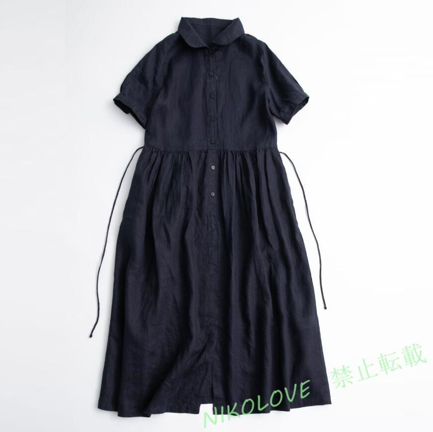 新品春夏シャツワンピース ワンピース レディース 夏 綿麻ワンピース リネン ロングワンピース 半袖 ロング丈 無地 夏 ネイビー M LJ018