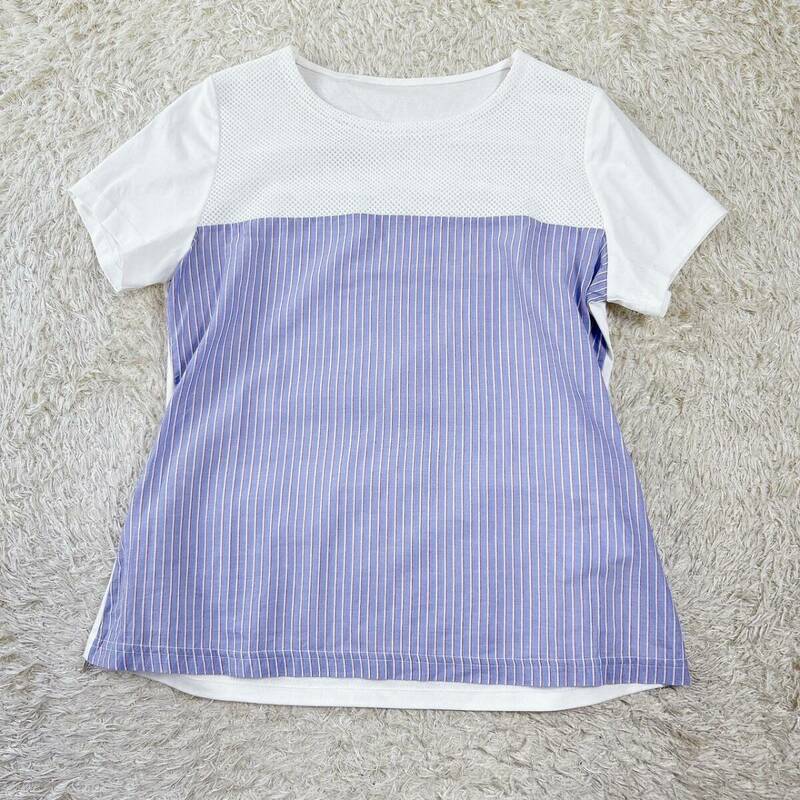 【RESPIGHI FEMME】レスピーギ 半袖 Tシャツ カットソー ブラウス ドッキング 異素材 レディース 38 ストライプ 婦人 白 青 Rstore46117