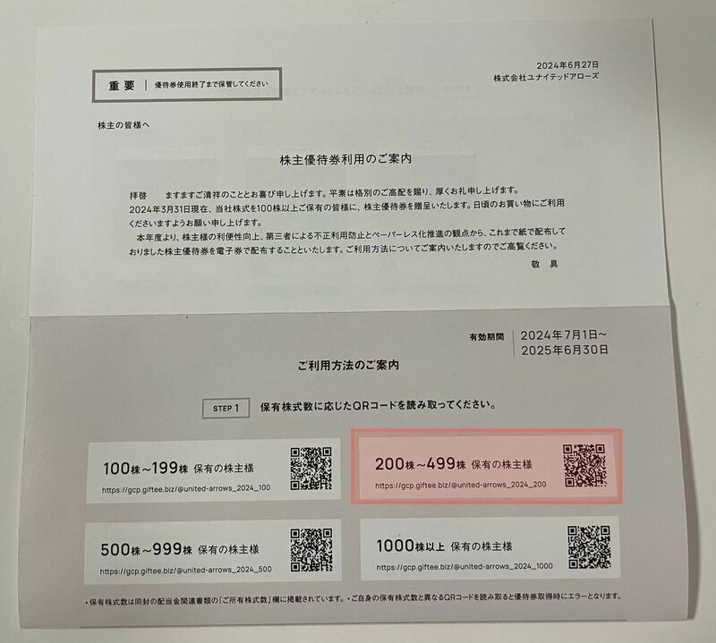 ユナイテッドアローズ 株主優待券 15%割引 4枚 有効期限2025年6月30日 200株〜499株