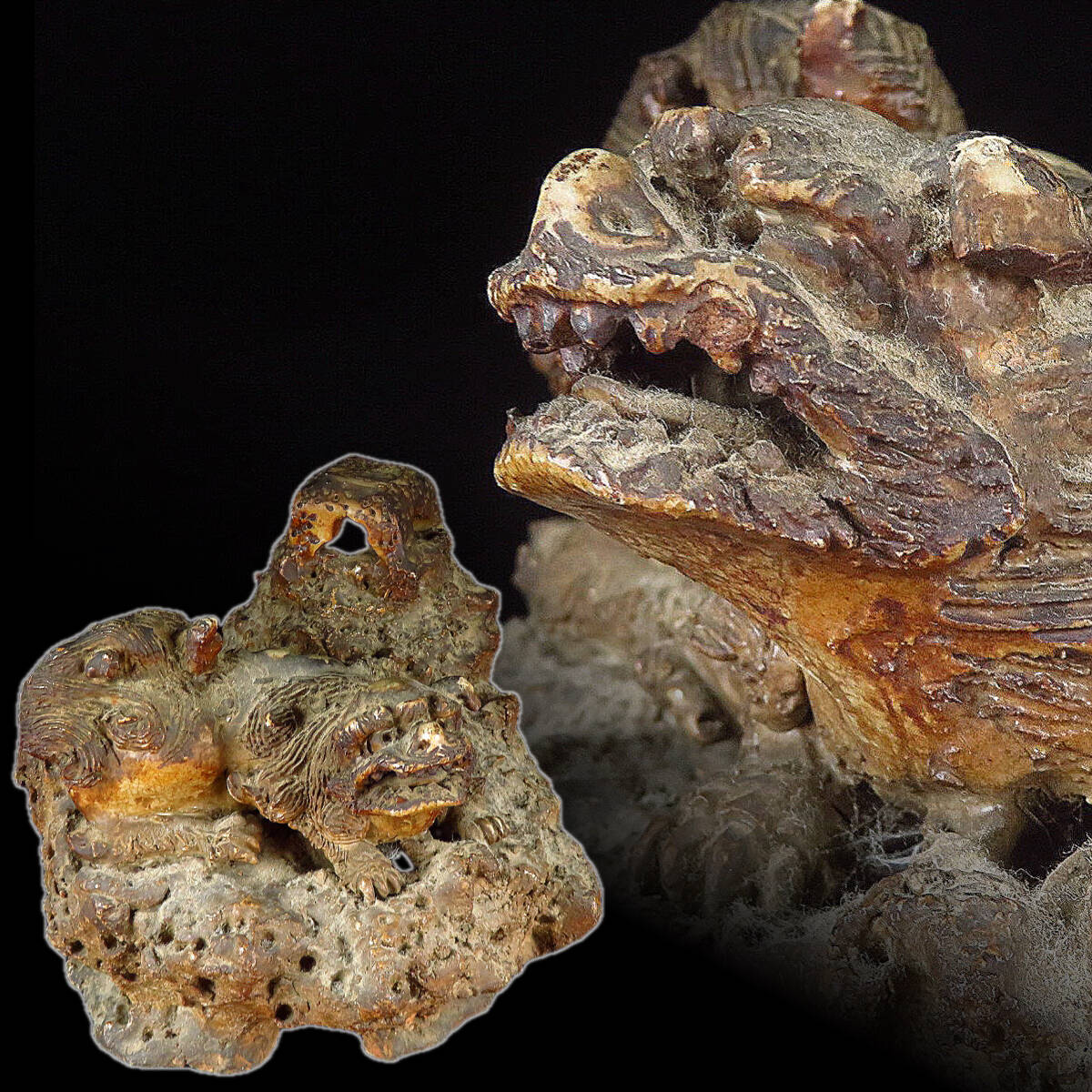 【SAKURAYA】旧家整理品 迫力ある作品【時代物 古唐津焼 古い獅子の置物】細密細工 唐津焼 唐獅子 狛犬 唐物 骨董品 古美術品