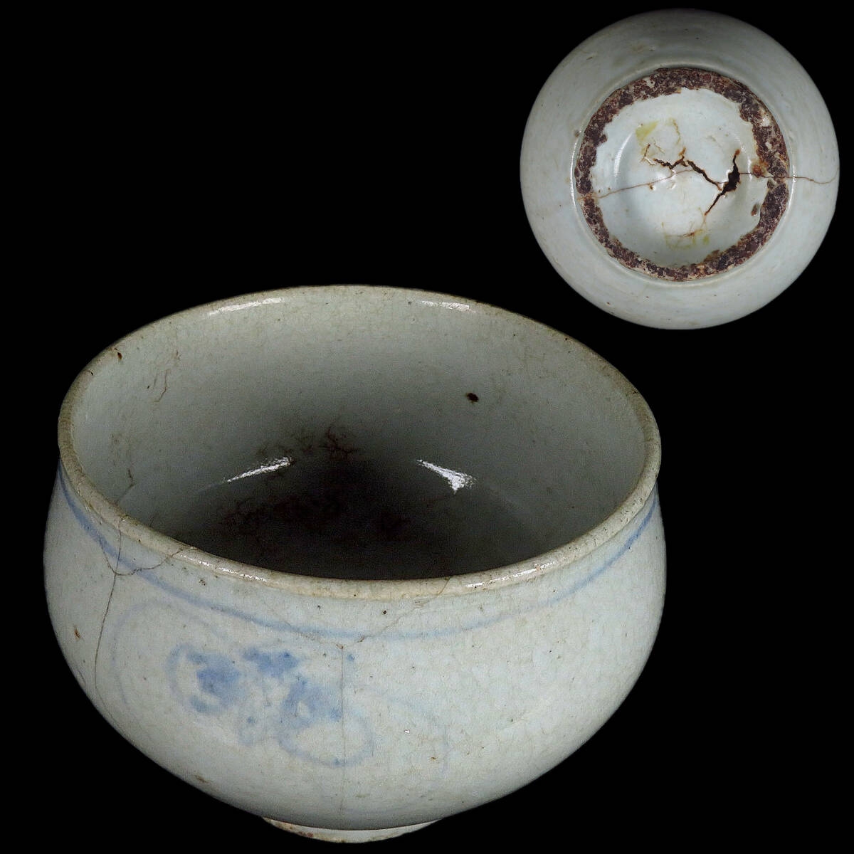 【SAKURAYA】朝鮮古美術 朝鮮古陶磁器【李朝 染付青花文茶碗】小壺 壷 古染 白磁 時代 煎茶道具 唐物 韓国 高麗 骨董品 中国古玩 直径14cm