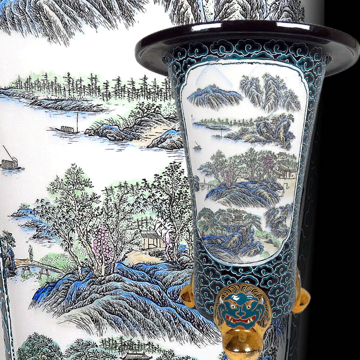 【SAKURAYA】希少な高さ60.5cmの大型作品【京楽焼 窓絵 山水楼閣図雲文三足蘭鉢】植木鉢 盆栽鉢 盆栽道具 骨董品 古美術品