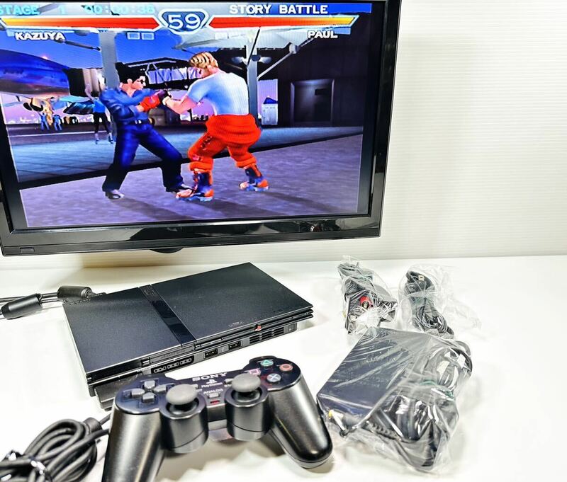 動作品 SONY ソニー PS2 SCPH-70000 チャコールブラック プレステ2 PlayStation 2 アダプタ/コントローラー/AVケーブル付きセット(D32)