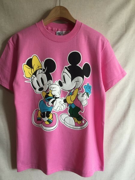 【MICKEY&CO.】Tシャツ M ミッキー＆ミニー 発泡プリント Disney ピンク USA製 90s ヴィンテージ 