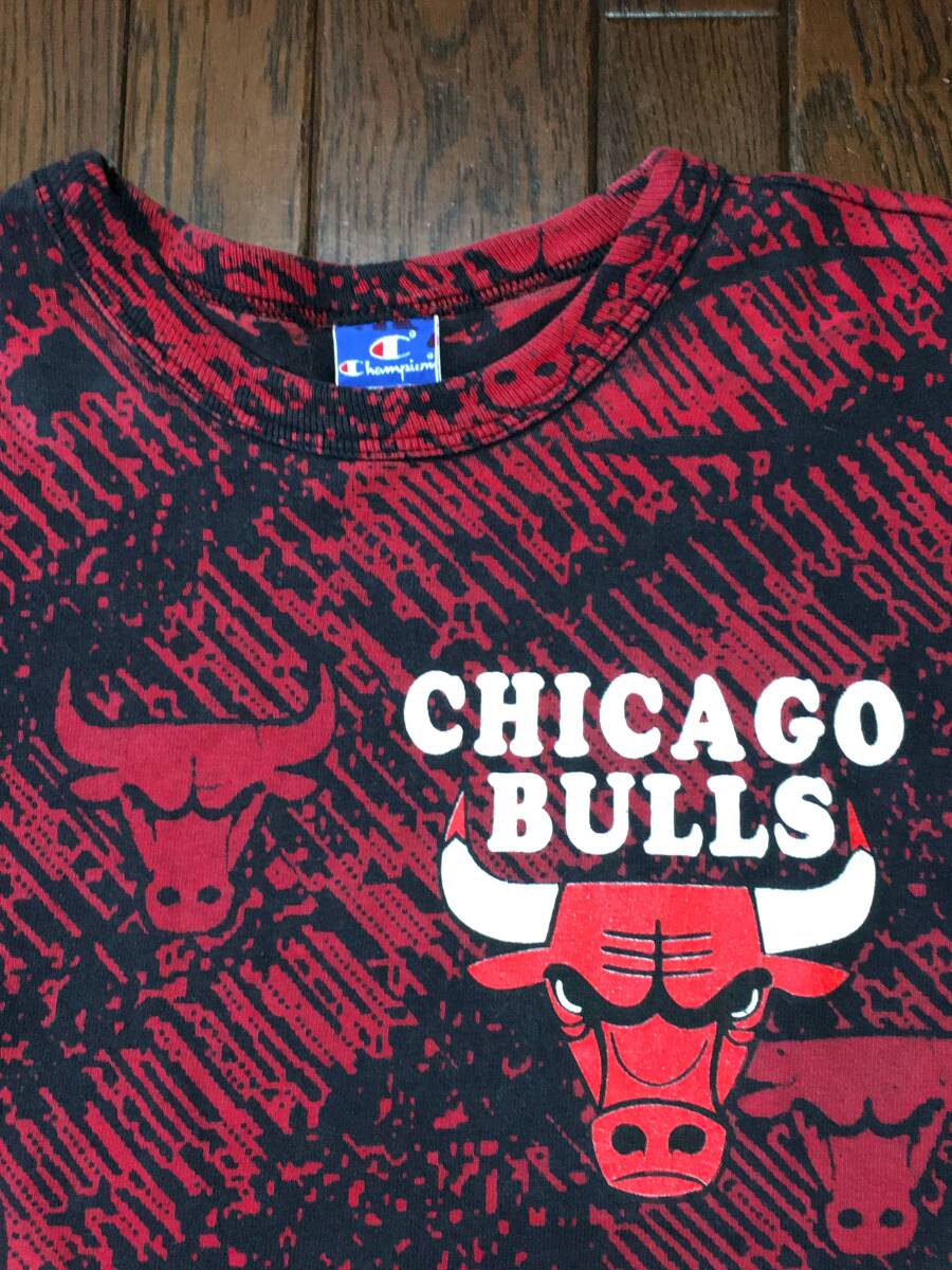 USA製 80s シカゴ ブルズ BULLS 総柄 ビンテージ Tシャツ M 袖シングルステッチ チャンピオン CHAMPION バスケ NBA 80年代 アメリカ製
