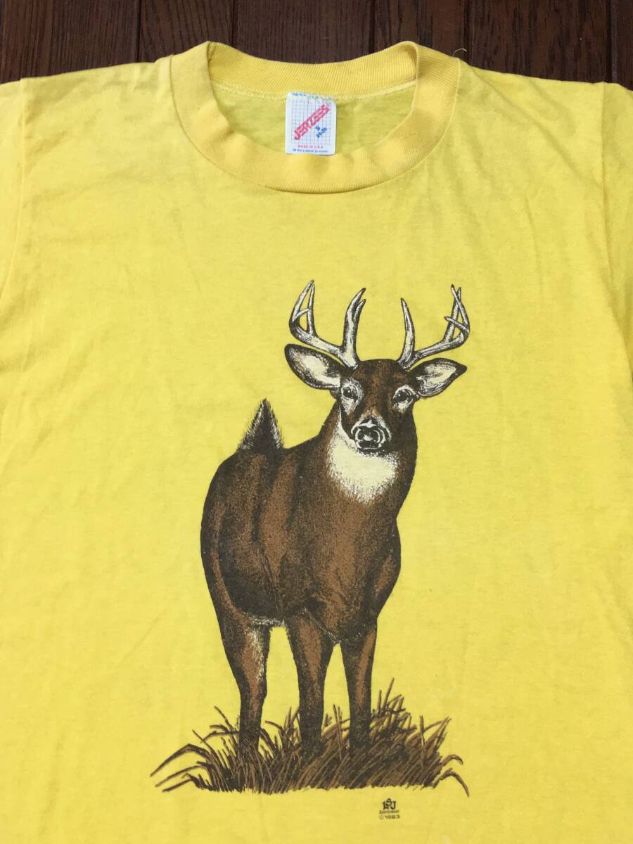 USA製 80s ビンテージ ジャージーズ 鹿 Tシャツ S 黄色 イエロー 袖シングルステッチ 牡鹿 ディア シカ 両面プリント 80年代 アメリカ製