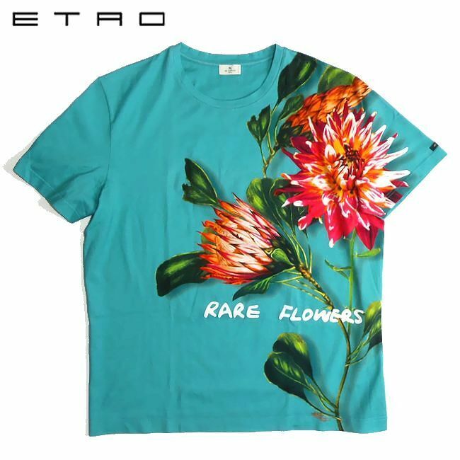 【8万新品】ETRO エトロ ◇ 夏気分を盛り上げる ◇ フラワープリント Tシャツ エメラルドグリーン Lサイズ 本物 SALE