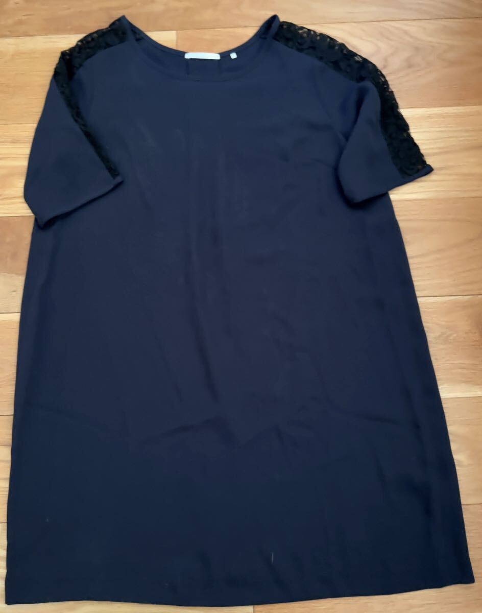 美品 ドゥクラッセ Do CLASSE ★ 着やせ 肩レース切り替え 上質 ポンチ素材 ワンピース ネイビー ブラック 11号 大きい 着1 L チュニック