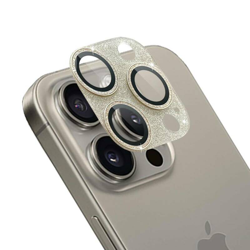 カメラ保護カバー iPhone 15 Pro/15 Pro Max 用 レンズ保護フィルム キラキラ アルミ合金製 耐衝撃 強化ガラス ゴールド