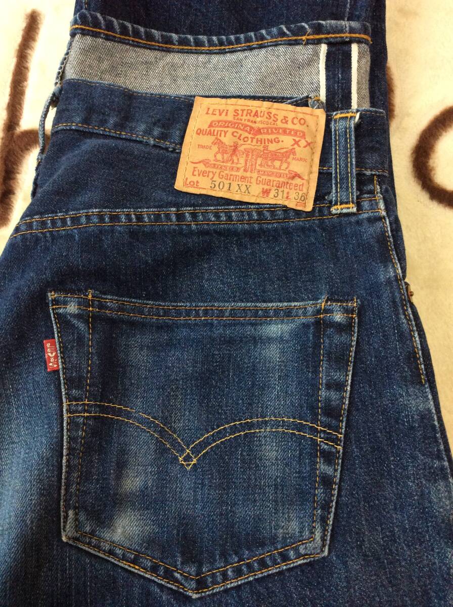 ビンテージレプリカ　米国　USA　バレンシア製　LEVIS　501XX　赤耳　紙パッチ　BIG-E　隠しリベット　濃紺　ボタン裏555　55501　W31