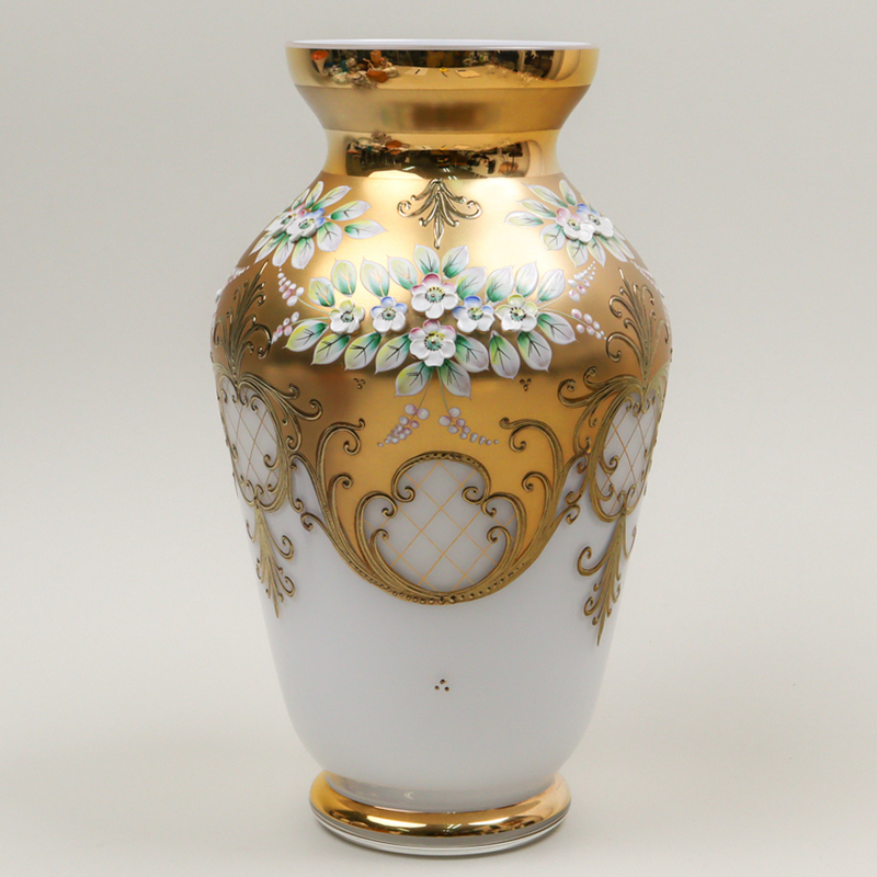 nQRF ボヘミアガラス ミルク ゴールド 乳白花瓶 30cm 飾り壺