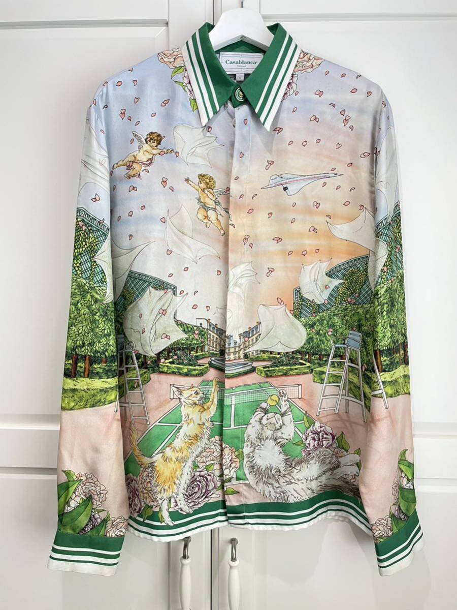中古 22AWCASABLANCA カサブランカ 総柄 テニスクラブプリントシルク100% 長袖シャツ S 本物保証