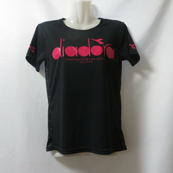 古着 レディースM DIADORA/ディアドラ ポリエステルTシャツ 半袖 スポーツ ジム ジョギング トレーニング ブラック/ピンク DTP9596