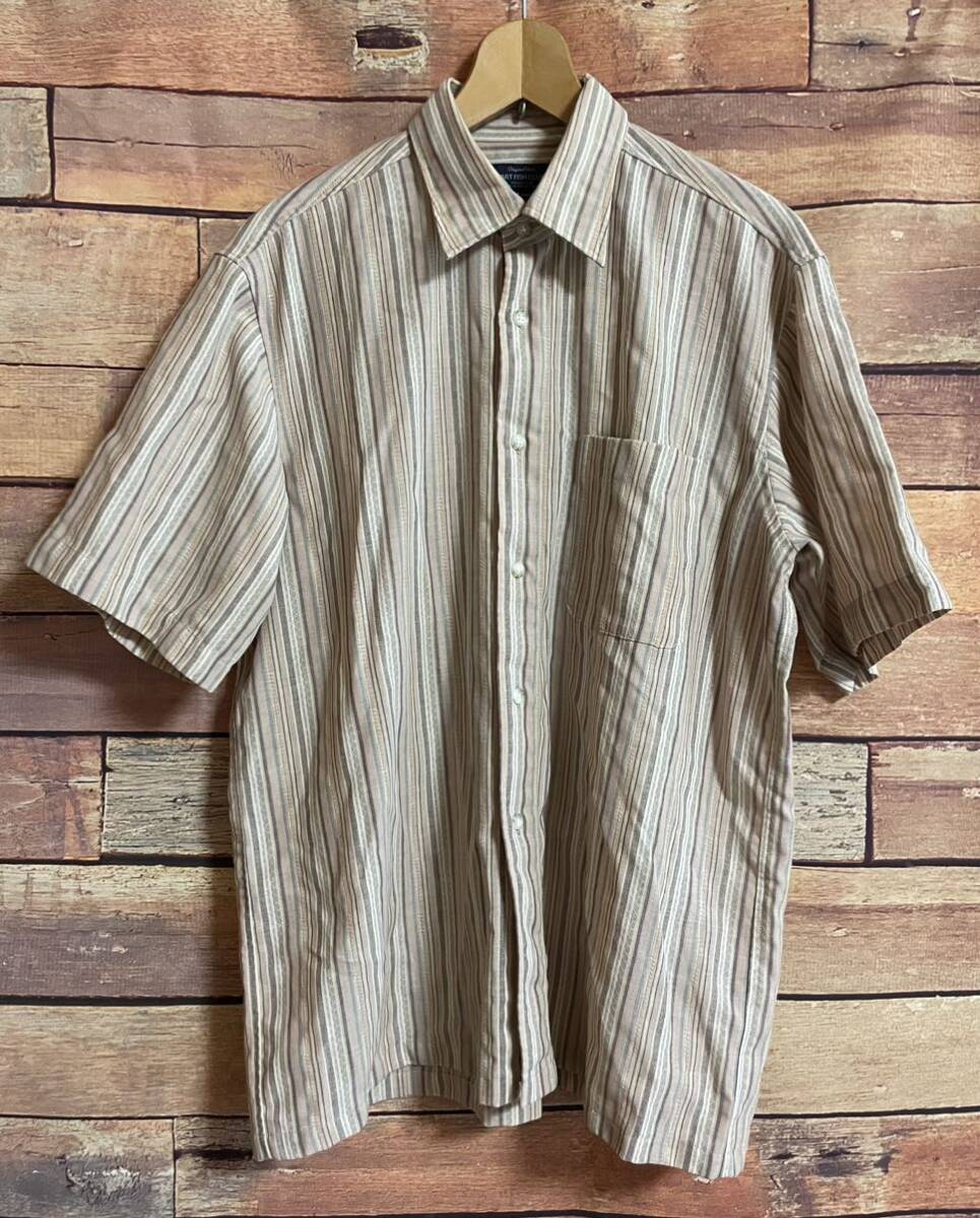 【中古】ストライプ 襟 シャツ 半袖 総柄 民族 エスニック 柄シャツ Ｌメンズ ゆったり ベージュ グレー ピンク系 古着 シャツ DM0703M