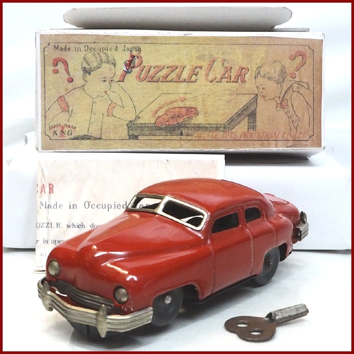 KSG KOSUGE【Occupied Japan PUZZLE CAR 占領下の日本製 オキュパイド ジャパン パズルカー赤ゼンマイ】小菅ブリキtin car(箱はコピー)0251