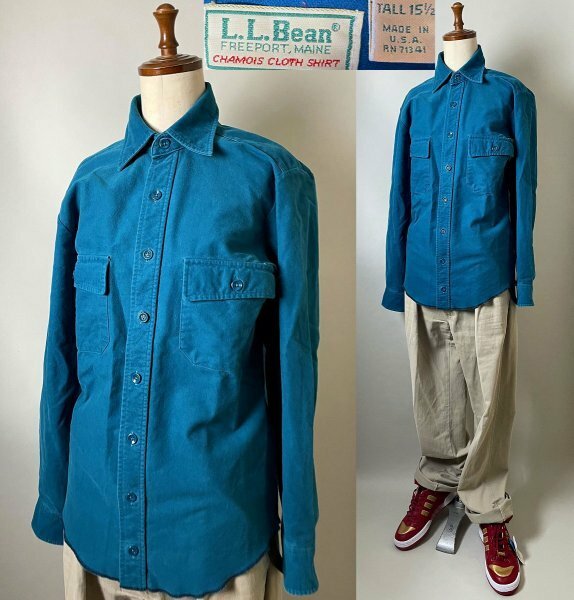 ★【希少 USA製 サイズ調整済み】90s 名作 LLBEAN LLビーン(L.L.) コットン100％ CHAMOIS CLOTH SHIRT 無地 シャモアクロスシャツ S程度