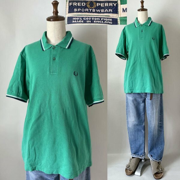 ★【Made in England イングランド製 国内正規品】英国製 FRED PERRY フレッドペリー M4288SP 鹿の子 ライン ポロシャツ M グリーン系