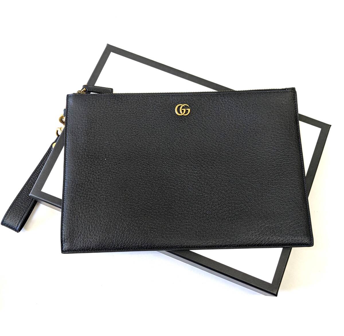 ■【美品】GUCCI グッチ 475317 GGマーモント レザー クラッチバッグ ブラック セカンドバッグ ストラップ付 箱・布袋付