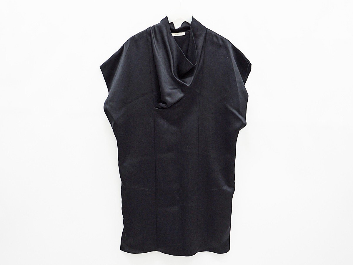 ◇【CELINE セリーヌ】シルク・ウール ドレープ ワンピース ブラック 36