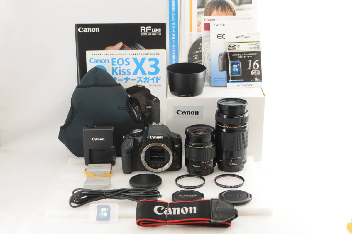 Canon キヤノン EOS Kiss X3 EF 28-80mm 1:3.5-5.6 Ⅱ EF 75-300mm 1:4-5.6 Wズームレンズキット ★動作良好 付属品多数★