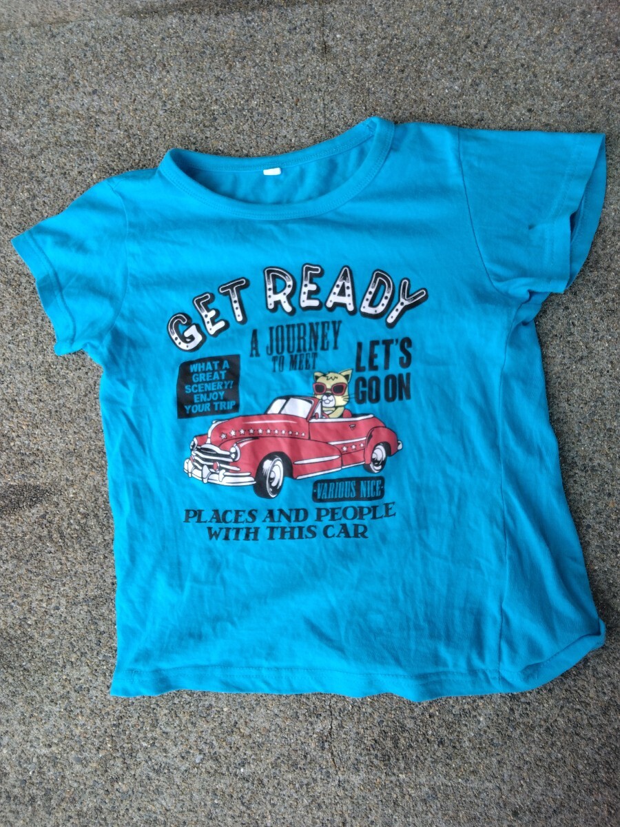 半袖プリントTシャツ 男女兼用 130cm モリリン 綿100% 猫 コットン 女の子 ネコ男の子ねこ 車 水色キッズ子供服ブルー子ども夏物トップス青
