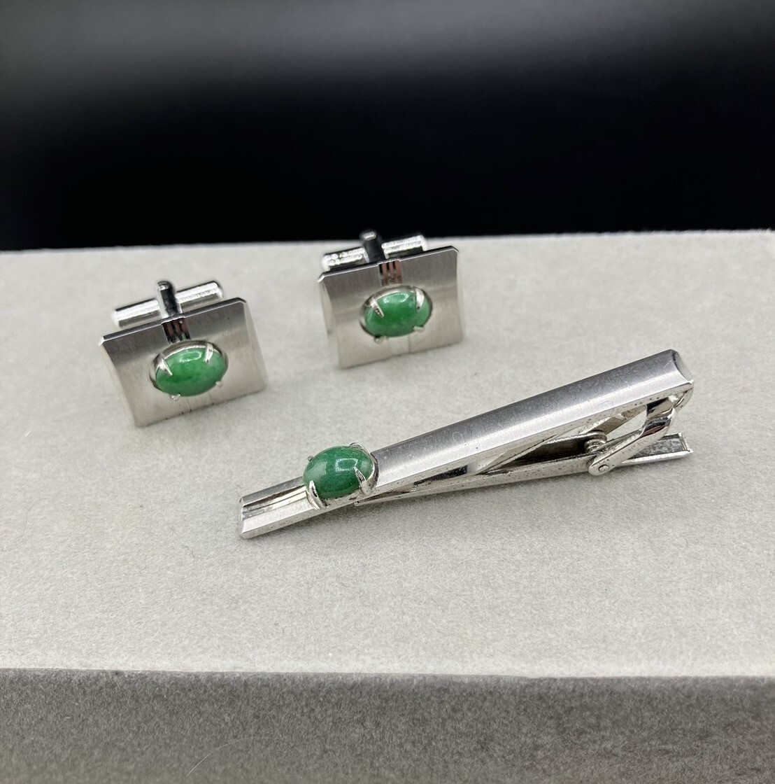 SILVER刻印あり！銀製 翡翠 SunEagle サンイーグル カフスボタン ネクタイピン セット ケース付き