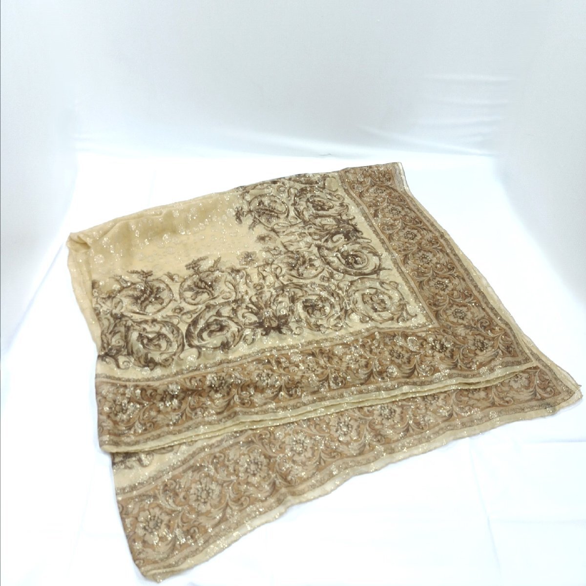 エレガンス Elegance ストール スカーフ ベージュ×ブラウン×ゴールド 約135×135㎝ シルク ラメ イタリア製【道楽札幌