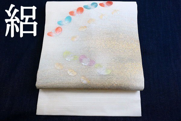 【着物フィ】未使用 名古屋帯 絽 夏帯 オフホワイト 花文 長さ3m70cm 正絹 夏 お洒落 仕立て上がり m-6342