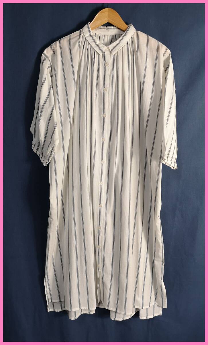 WH‐３３３☆春夏秋☆新品☆送料込み☆即決☆ナチュラル系☆薄手のインド綿☆Ｍ～Ｌサイズ☆ワンピース☆オフホワイト×グレー☆ストライプ