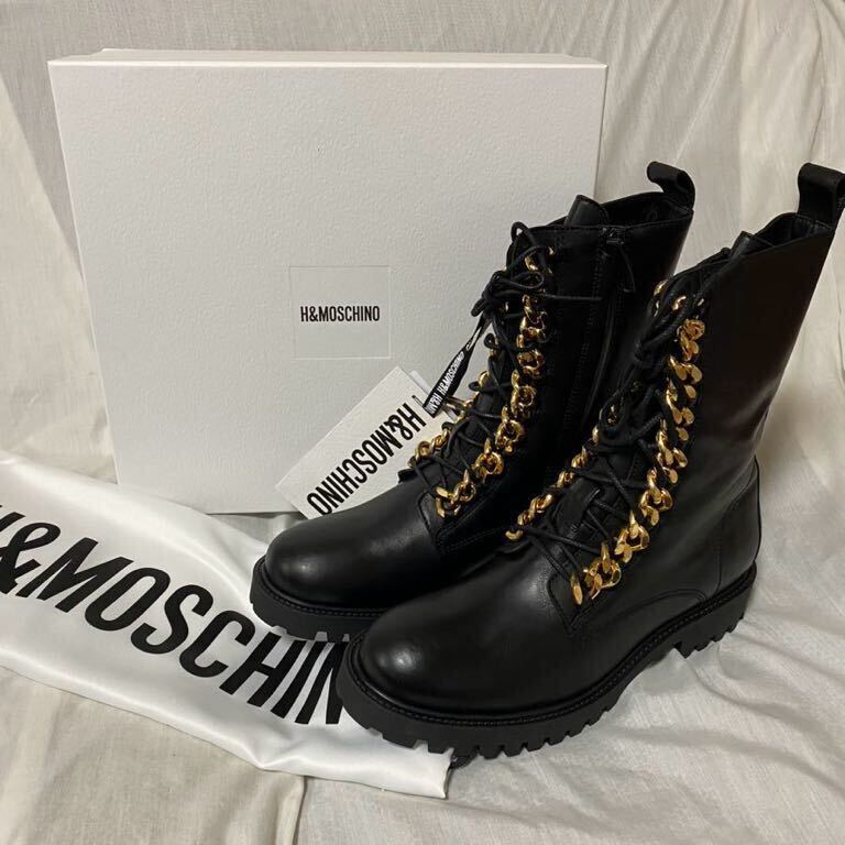 新品 本物 正規品 H&M モスキーノ 限定コラボ メンズ レザー ブーツ 黒 レザーシューズ