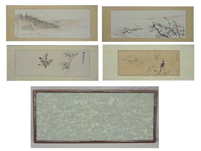 川船水棹 日本画 小品 4つまとめて 花鳥 山水 板に紙3つ まくり1つ 額縁1つ 硝子入り 中古 インテリア 信州の日本画家　物故
