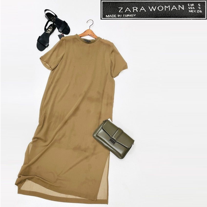 【S】ZARA ブラウン 半袖ロングワンピース レディース カジュアル シアー 通勤 フェミニン 大人可愛いスリット 透け感 デイリー 春夏 ザラ