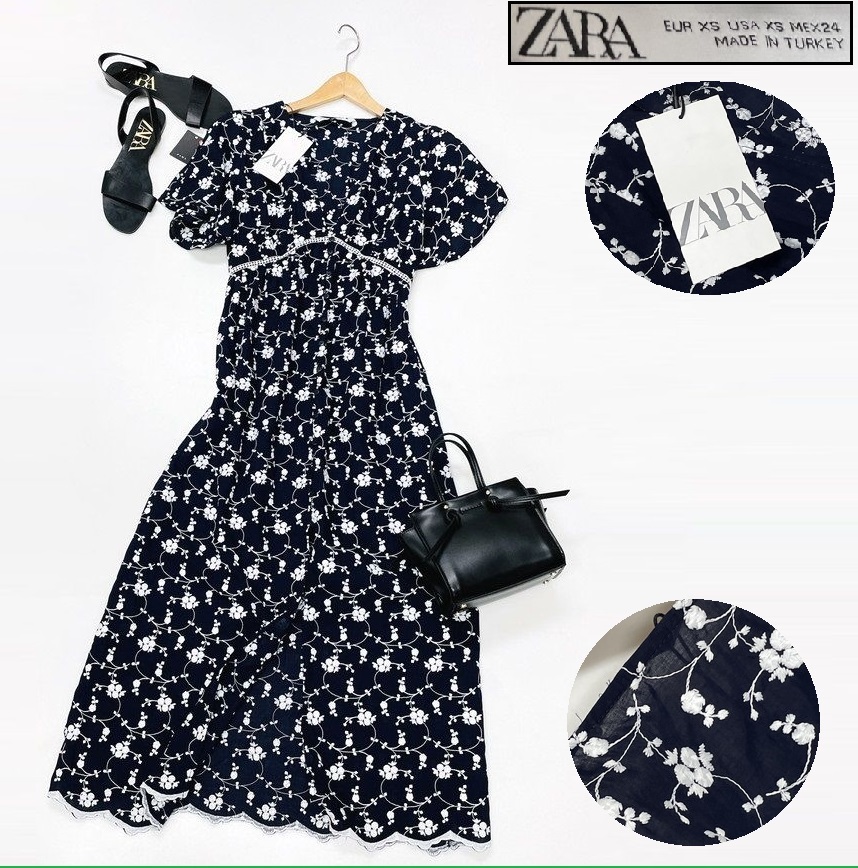 /XS/ ZARA ネイビー半袖ワンピース レディース タグ カジュアル 花柄ホワイト刺繍 大人可愛いロング デイリー コットン 春夏 ザラ