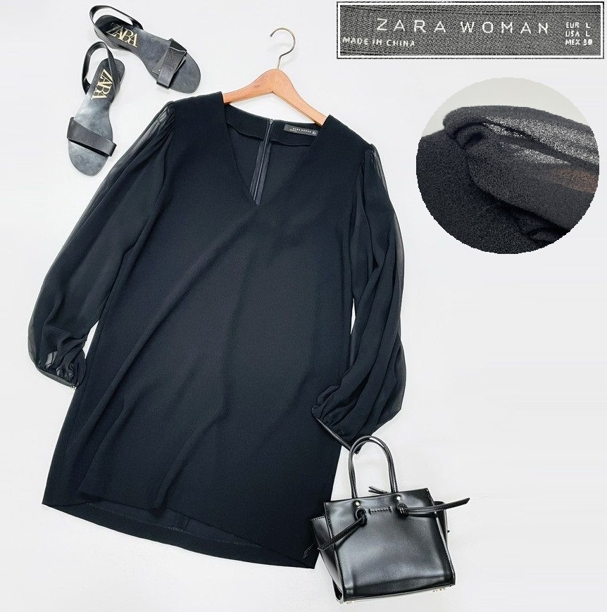 【L】ZARA ブラック 長袖ワンピース レディース カジュアル チュニック シアー フェミニン 大人可愛い デイリー 春夏 ロングスリーブ ザラ