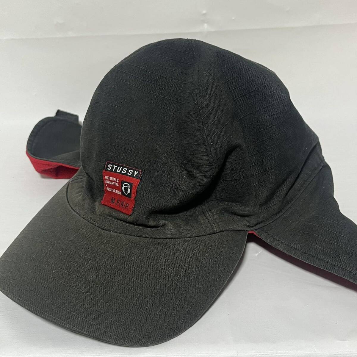 stussy オールドステューシー　4パネルキャップ 帽子 耳当て　ブラック×レッド　希少大きめサイズL/XL メンズ　古着