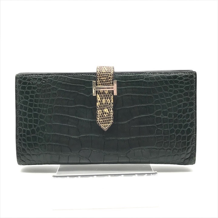 良品 HERMES エルメス ベアンスフレ クロコ リザード SV金具 X刻印 ヴェール フォンセ 長財布 ウォレット グリーン a4670