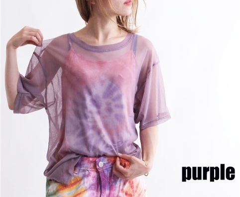 重ね着に♪シースルー素材TシャツPU紫無地パープル 透け感あり♪ゆったりサイズ　タイ雑貨アジアンエスニック