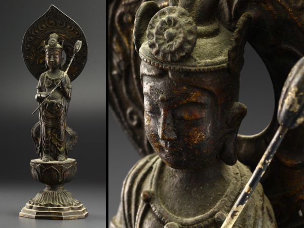 古美術品 時代銅製塗金銅観音像 置物 高37cm CPA34-6
