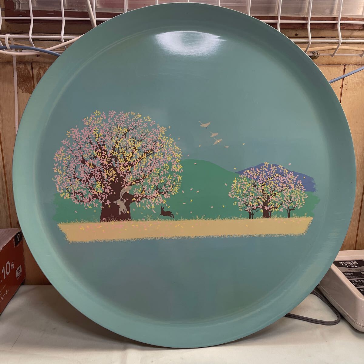 木製絵皿　グリーン　直径約60㎝　厚み1㎝　一枚板　プレート 飾皿 GLASS WARE NT ムー６
