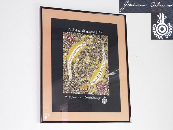 Australian Aboriginal Art　Crocodile Dreaming　CAAMA DESIGN　オーストラリア　アボリジニ　民族アート　絵画　布地　額装　K35