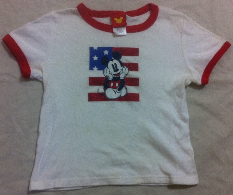 ミッキーマウス＆アメリカ星条旗★ディズニー レディースＴシャツ Lサイズ トリム系