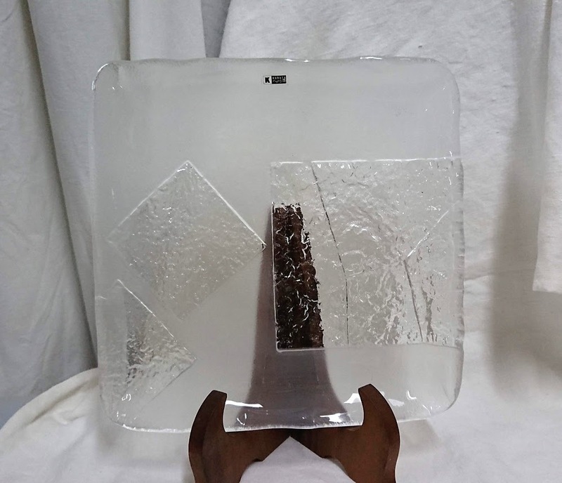 KURATA CRAFT GLASS クラタクラフトガラス 27.5x27.5x2cmクリアガラス角型 盛皿 大皿 飾りのみ未使用 コレクション インテリア