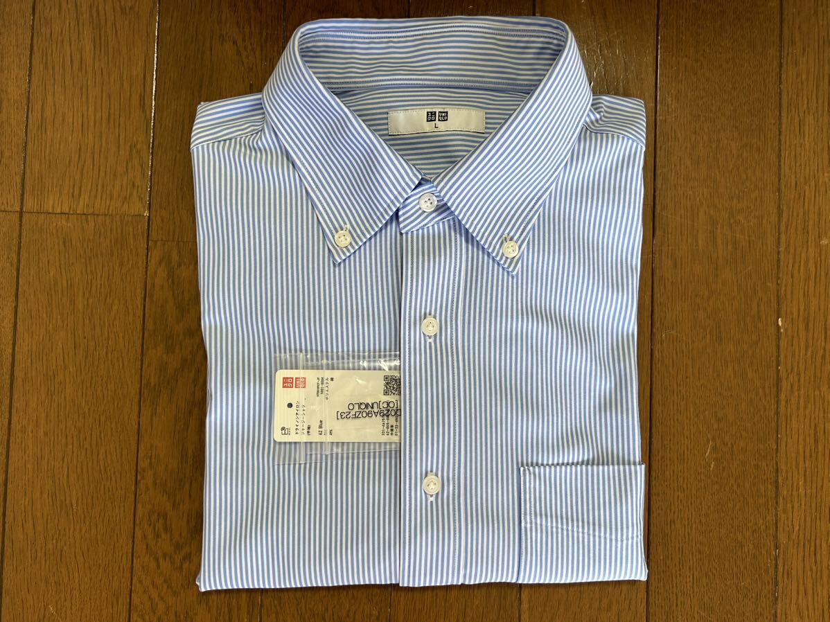 [OC]UNIQLO ユニクロ・ドライノンアイロン・ジャージーシャツ(半袖) 青 L ドレスシャツの見た目で伸縮性があり動きやすいジャージー素材！
