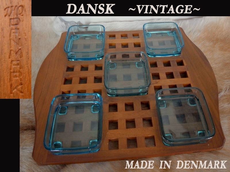 デッドストック 50s 60s ビンテージ JHQ ダンスク DANSK デンマーク DENMARK製 チーク格子トレイ 耐熱ガラス5皿 ミッドセンチュリー EAMES