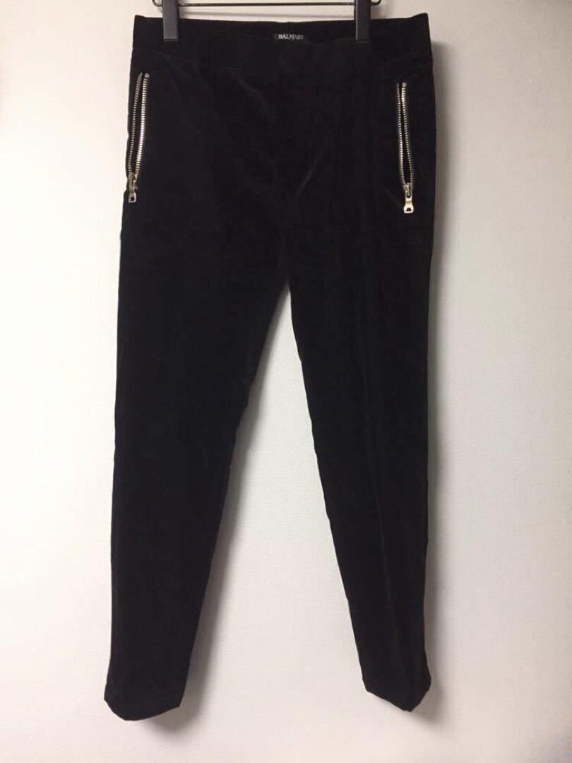 BALMAIN イタリア製 16AW ゴールドジップ ベロアパンツ 黒 48 メンズ ストレッチスキニー バイカー ベルベット