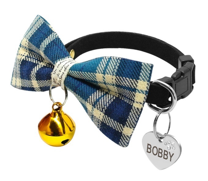 小型犬　ネコ用　首輪　蝶ネクタイ 刻印 名入れ無料　青系 ペット用ネックレス　ブレスレット ネームタグ