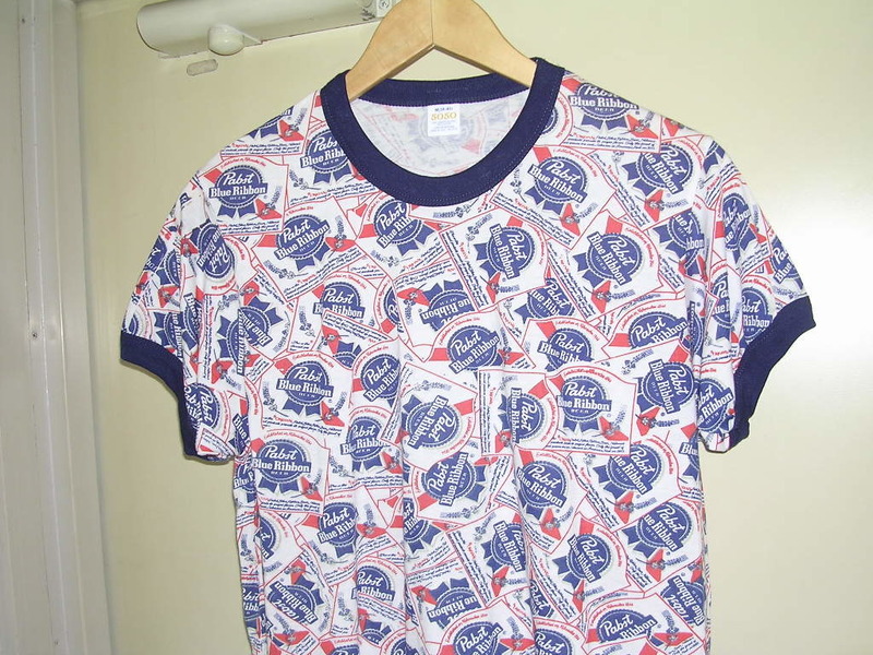 80s 90s USA製 PABST BLUE RIBBON BEER 総柄 リンガーTシャツ M vintage old パブストブルーリボン ビール 企業物 1